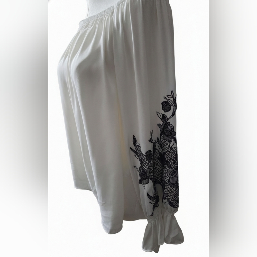White House Black Market Off-Shoulder Top With Floral Embroidered Sleeves Size M - Picture 2 of 12